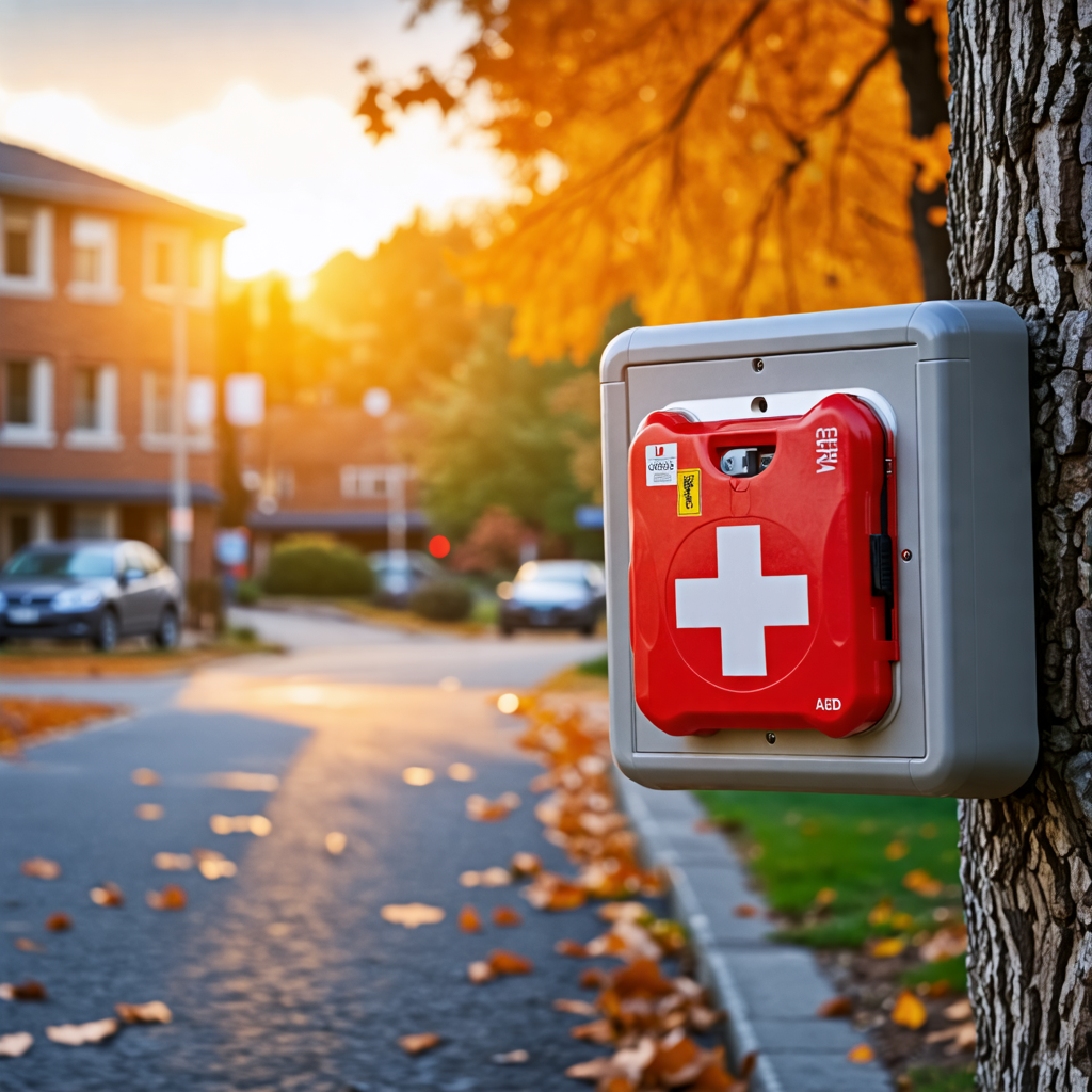 Ein AED-Gerät, das vor einer Schule hängt